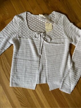 New - Women’s Hem And Thread Pointelle Front Tie Boho Cardigan Sweater Sz Small